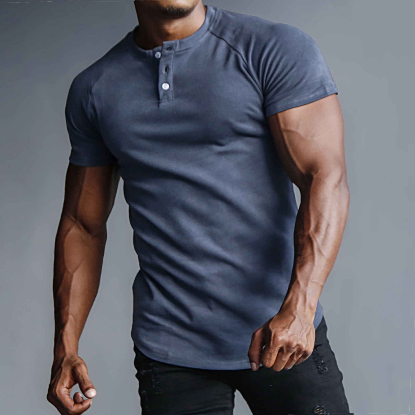 Men's Outdoor Casual Solid Color Henley Collar Bottoming Shirt Sports Fitness Running Slim Short-sleeved T-shirt