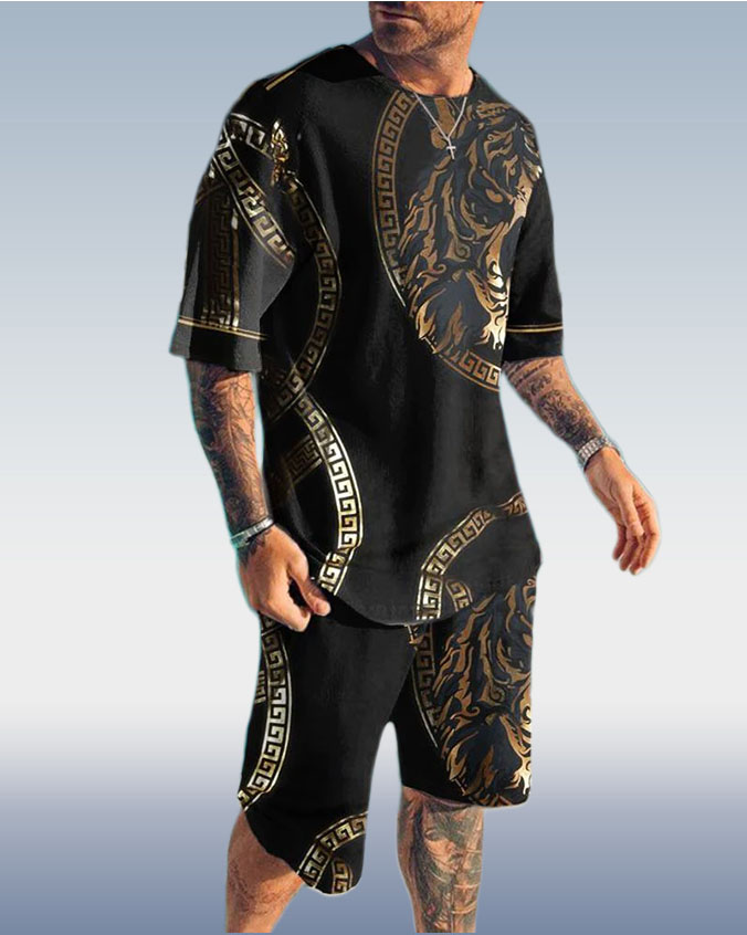 Men's Tiger Print Short Sleeve Two-Piece Set 3 Colors
